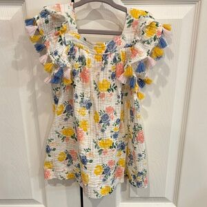 Mud Pie Multicolor Floral Tassel Blouse